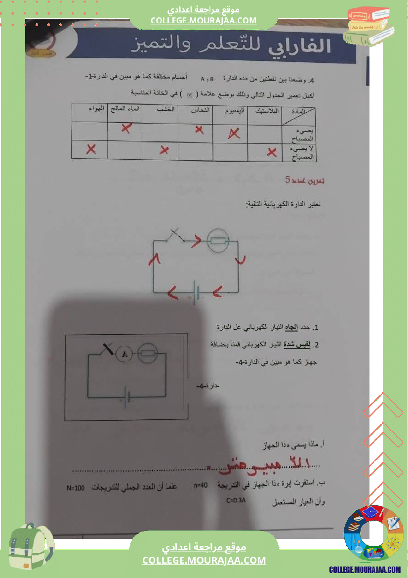 إصلاح تمارين فيزياء سنة سابعة ا للفرض التأليفي عدد 3