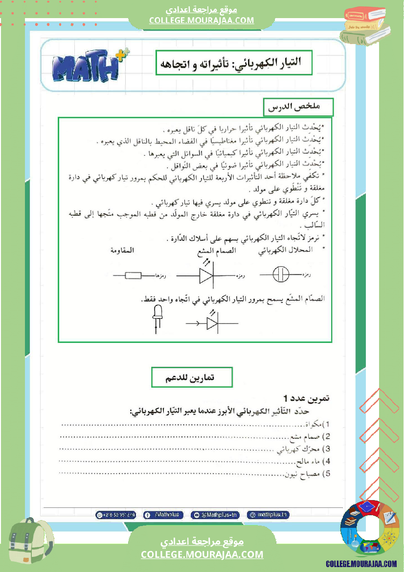 السابعة اساسي فيزياء استعدادا للفرض التاليفي عدد 3 تلخيص للدروس تمارين تطبيقية فروض مع الاص
