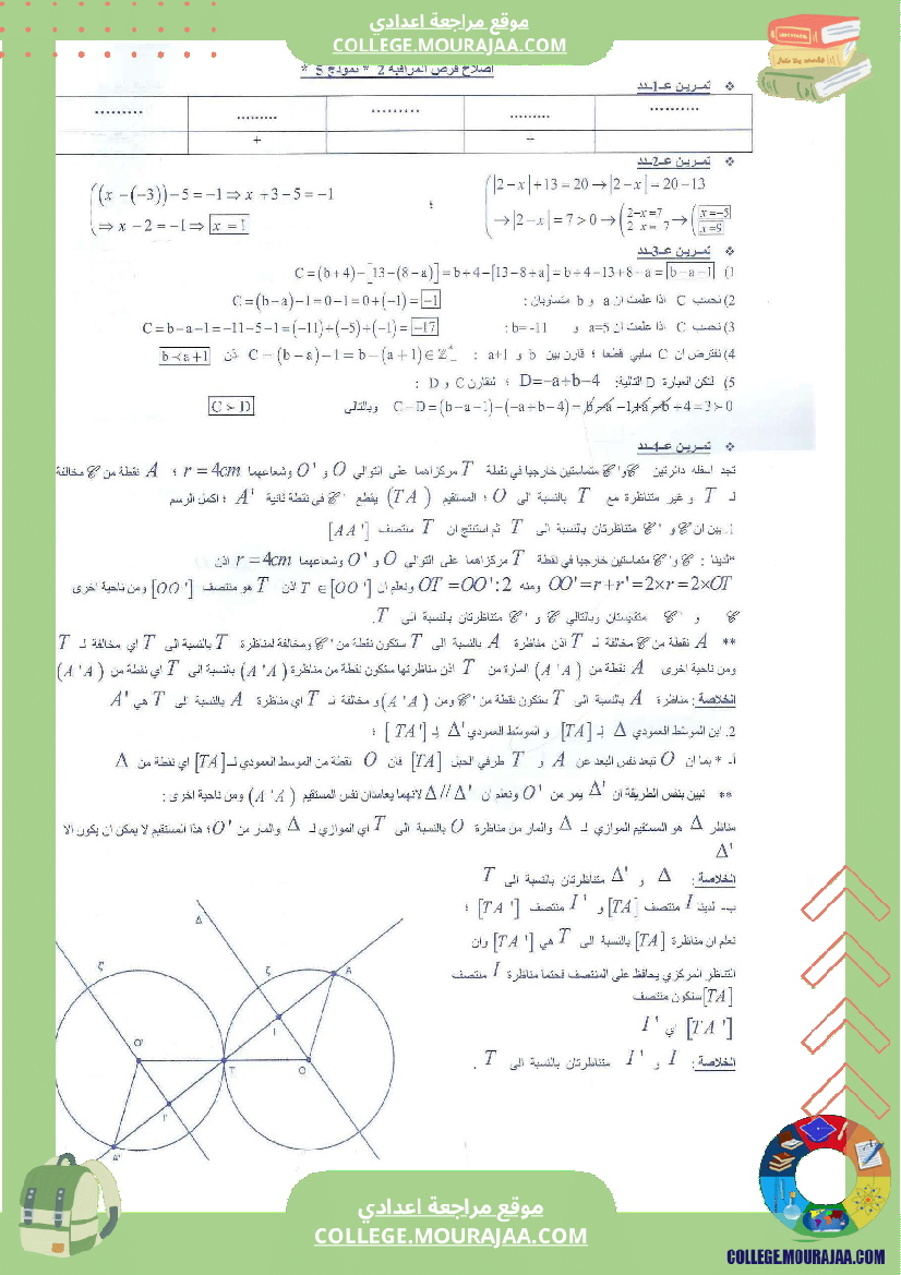 فرض مراقبة عدد2 سنة الثامنة رياضيات مع الاصلاح محور المجموعة و التناظر المركزي