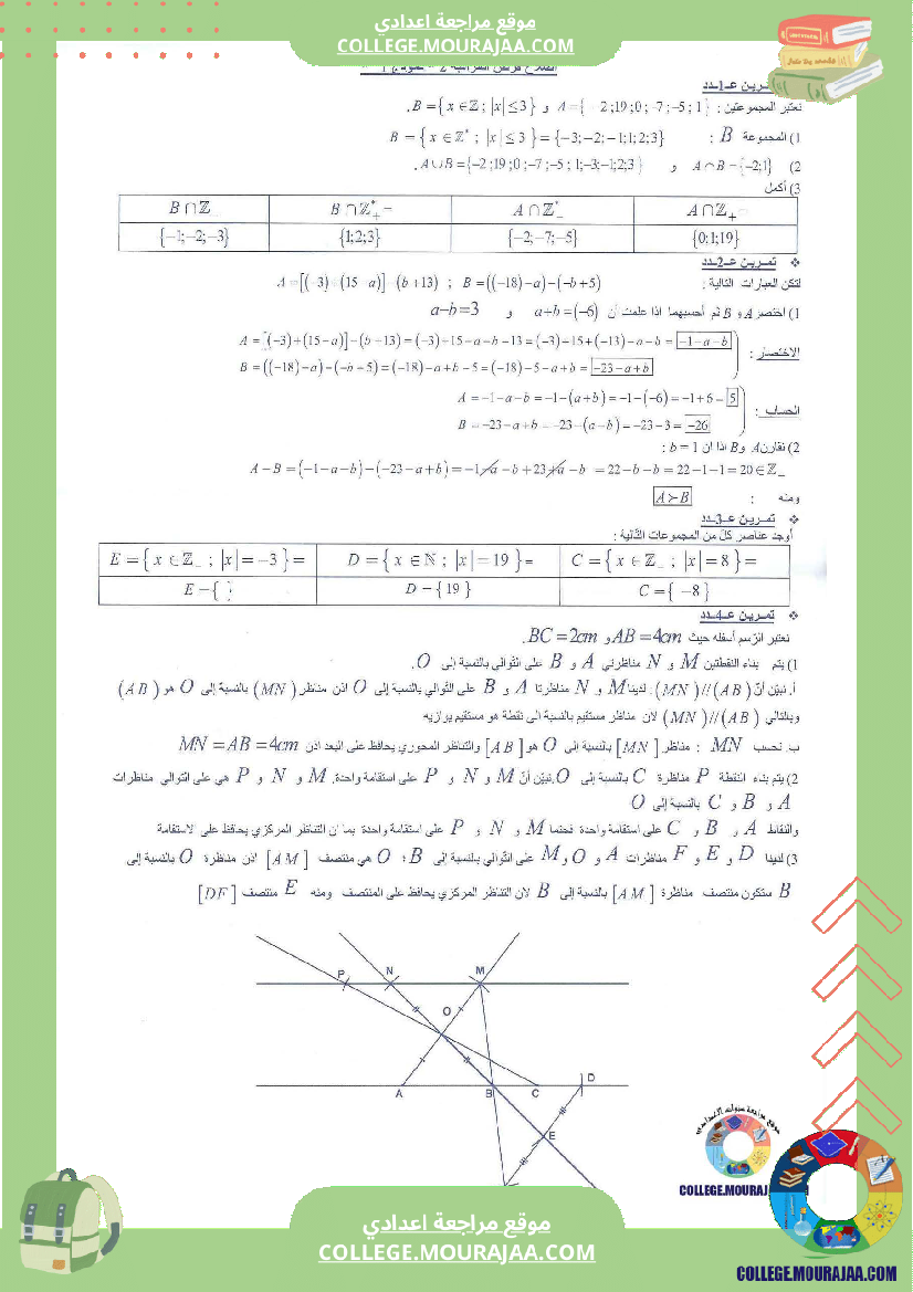 فرض مراقبة عدد2 سنة الثامنة مع الاصلاح الرياضيات محور المجموعة و التناظر المركزي