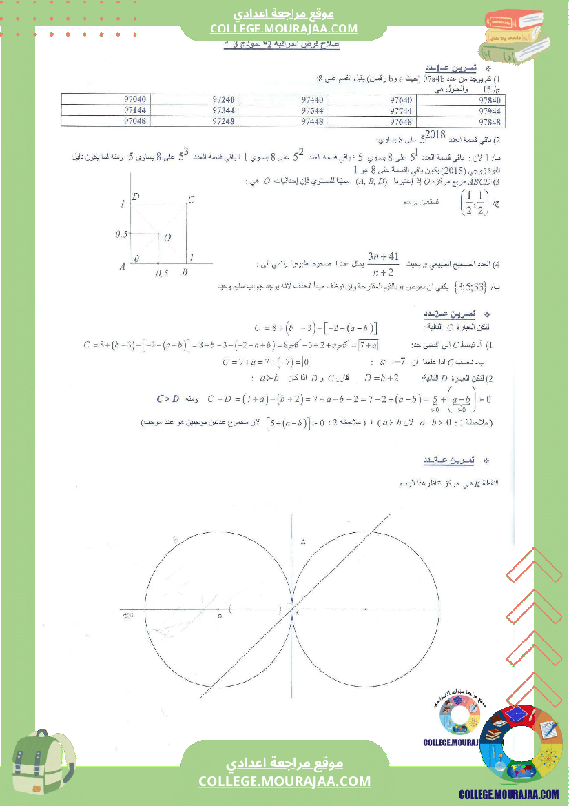 فرض مراقبة عدد2 سنة الثامنة رياضيات مع الاصلاح محور قابلية القسمة و التناظر المركزي
