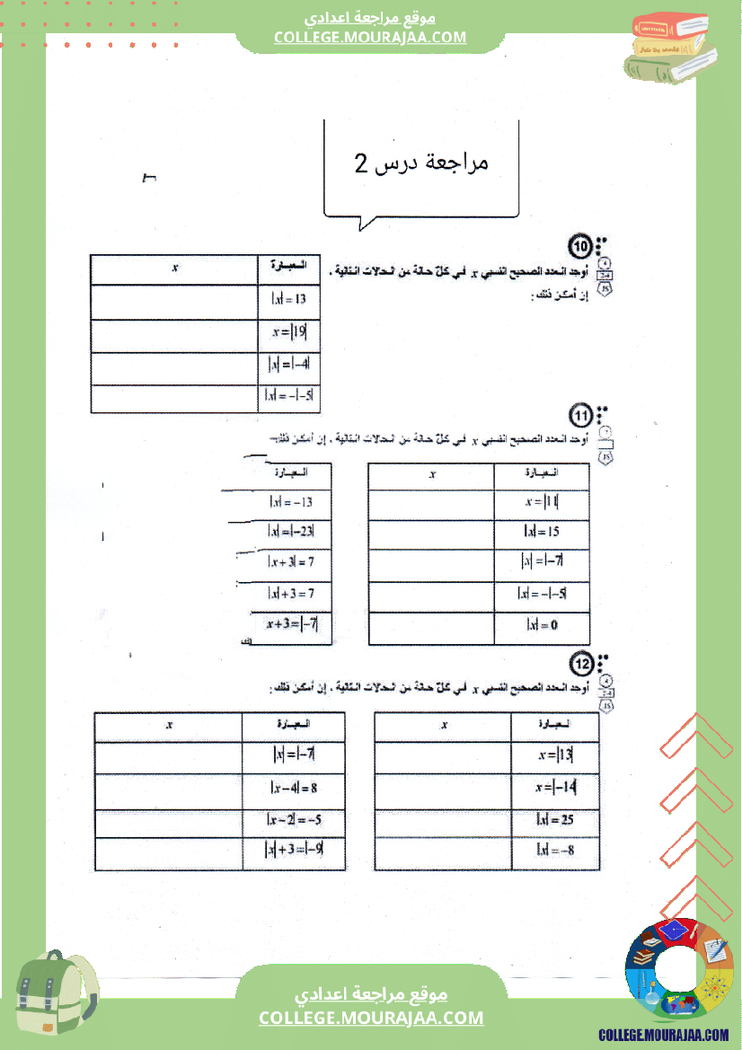 مراجعة درس الاعداد الصحيحة