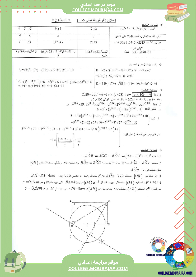 فرض تاليفي عدد1 مع الاصلاح رياضيات سنة السابعة محاورقابلية القسمة و القوى