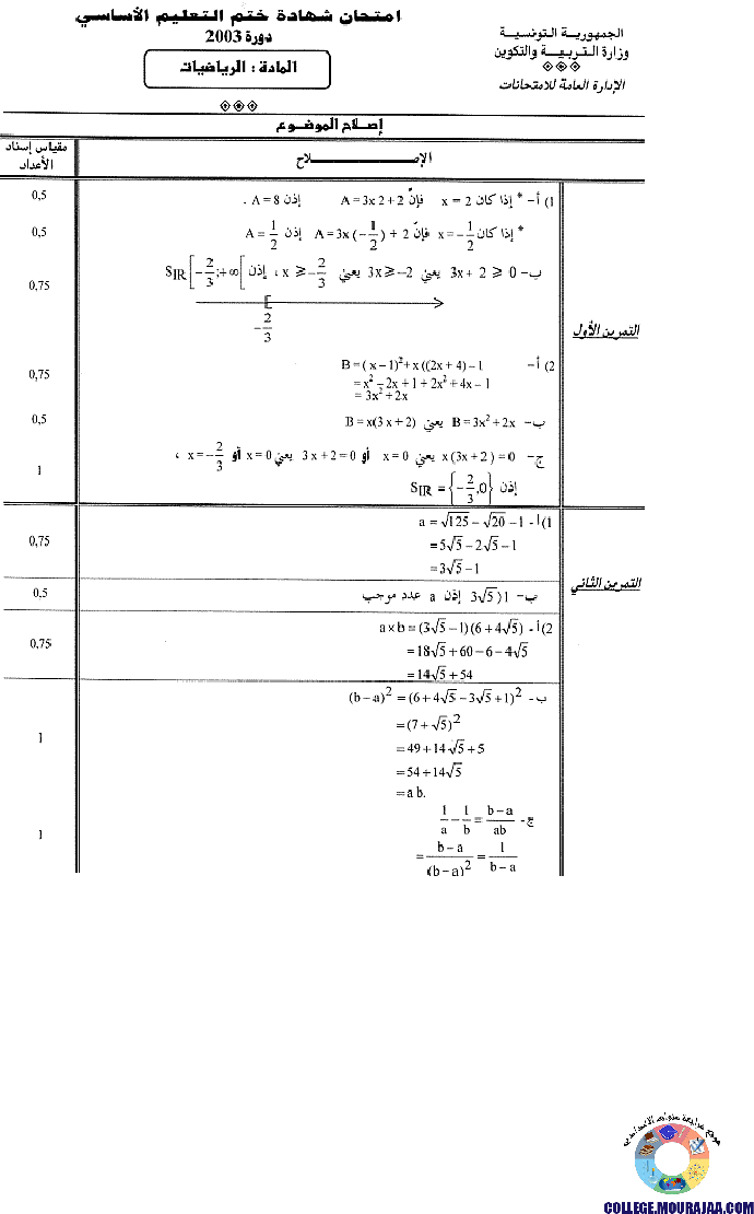 اصلاح امتحان الرياضيات مناظرة النوفيام سنة 2003