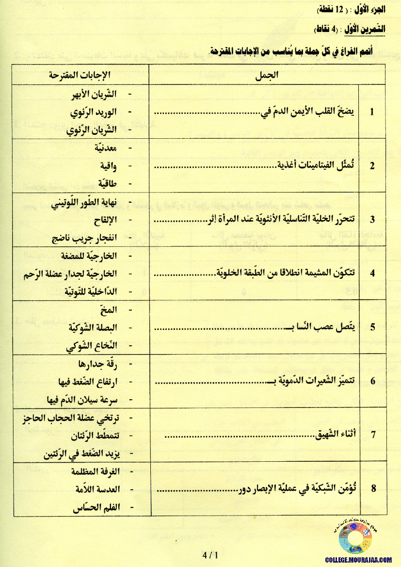 امتحان علوم الحياة و الارض مناظرة النوفيام سنة 2016